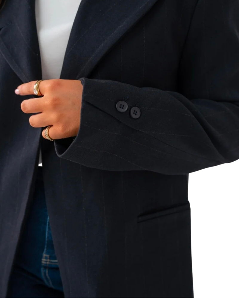 Love Laura Pinstripe Mandarin Collar Blazer in Navy
