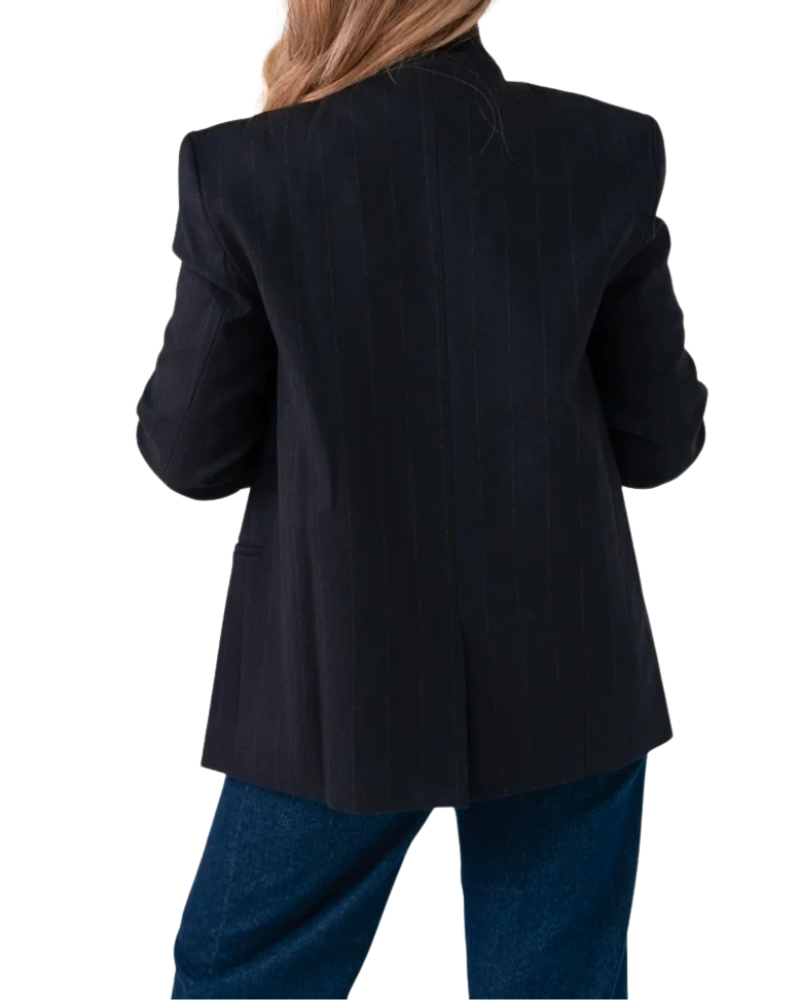 Love Laura Pinstripe Mandarin Collar Blazer in Navy