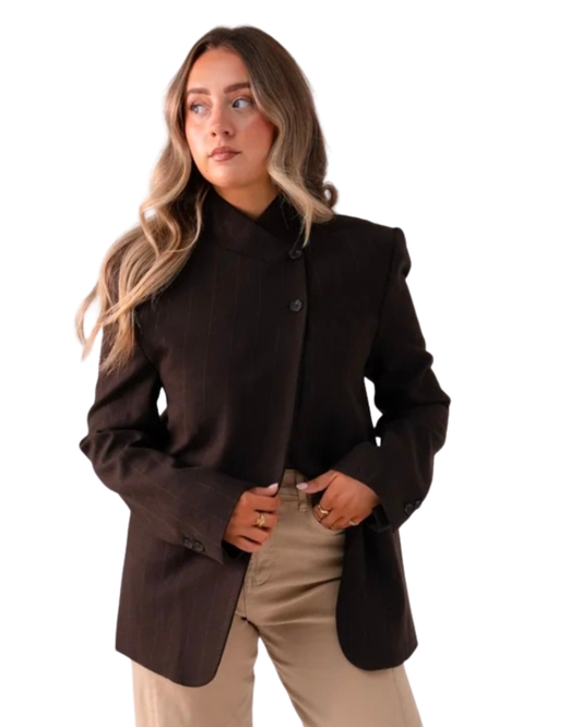 Love Laura Pinstripe Mandarin Collar Blazer in Chocolate
