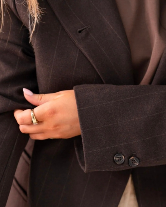 Love Laura Pinstripe Mandarin Collar Blazer in Chocolate