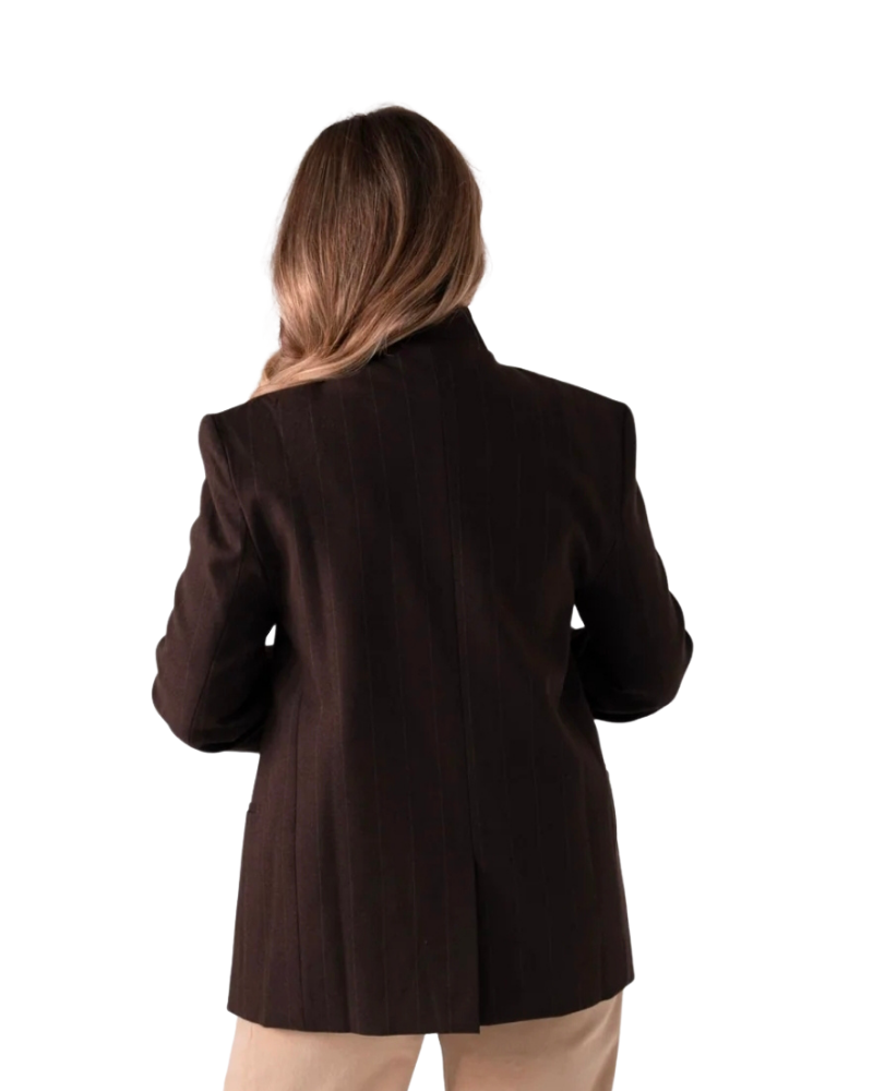 Love Laura Pinstripe Mandarin Collar Blazer in Chocolate