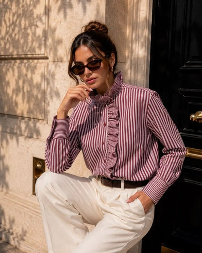 Eden Striped Ruffled High Collar Shirt - Plum