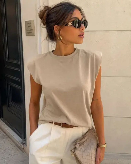 Ebony Sleeveless T-Shirt with Structured Shoulders - Taupe
