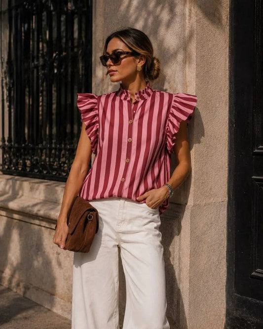 Ella Sleeveless Ruffled Striped Shirt Burgundy