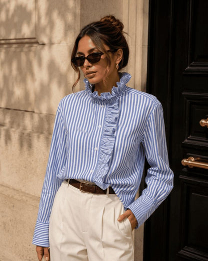 Eden Striped Ruffled High Collar Shirt - Blue