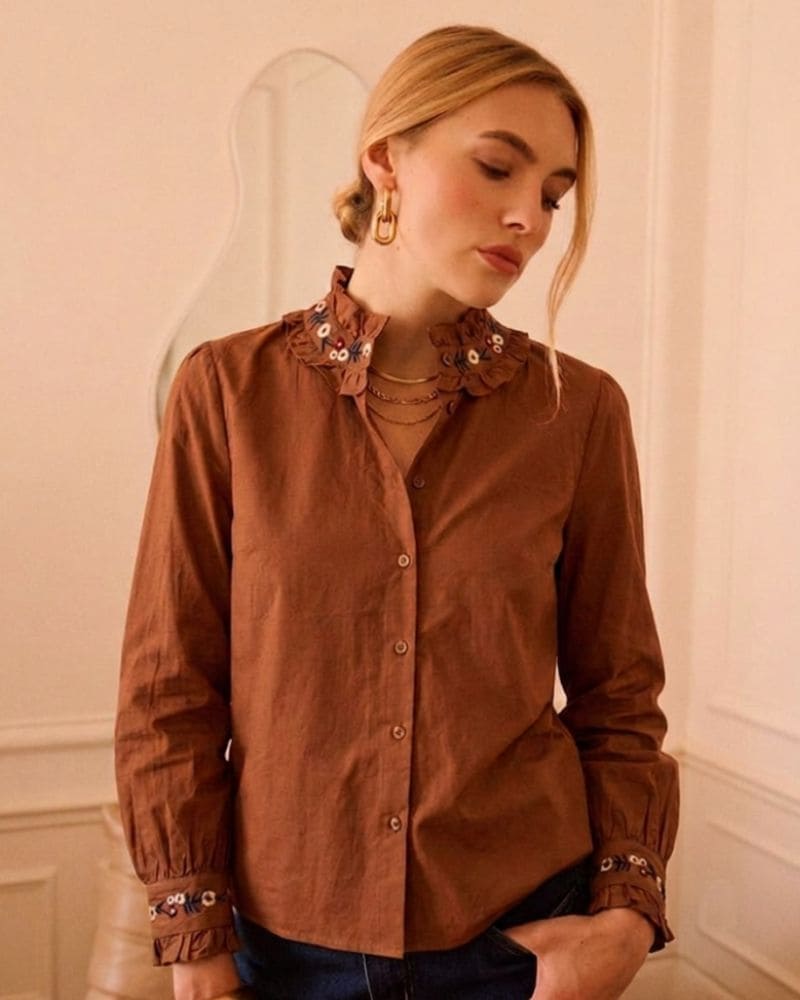 Katie Embroidered Collar Camel Blouse