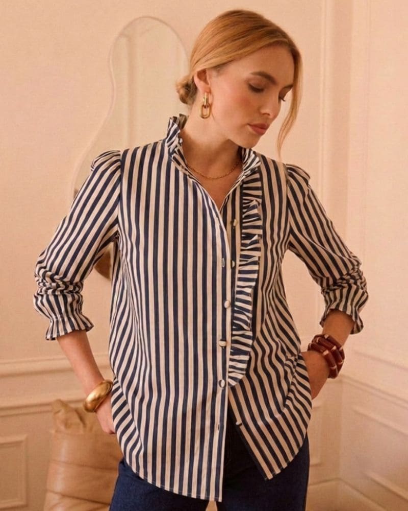 Jessica Ruffle Front Navy Stripe Blouse