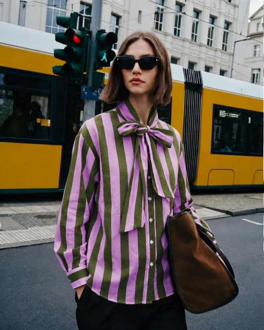 Aliyah Striped Tie-Neck Shirt - Olive and Lilac