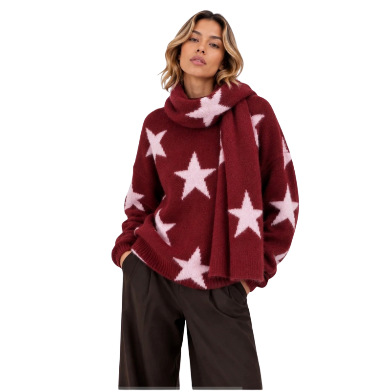 Serena Star Pattern Scarf Sweater Burgundy