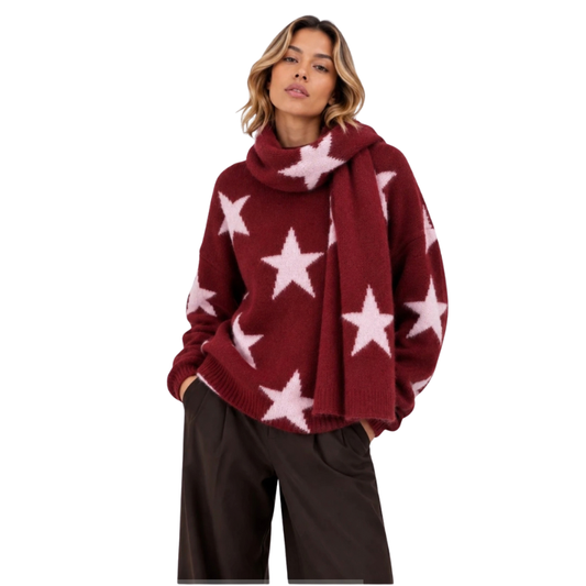 Serena Star Pattern Scarf Sweater Burgundy