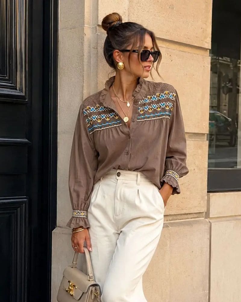 Ellie Embroidered Blouse with Ruffled Collar Brown