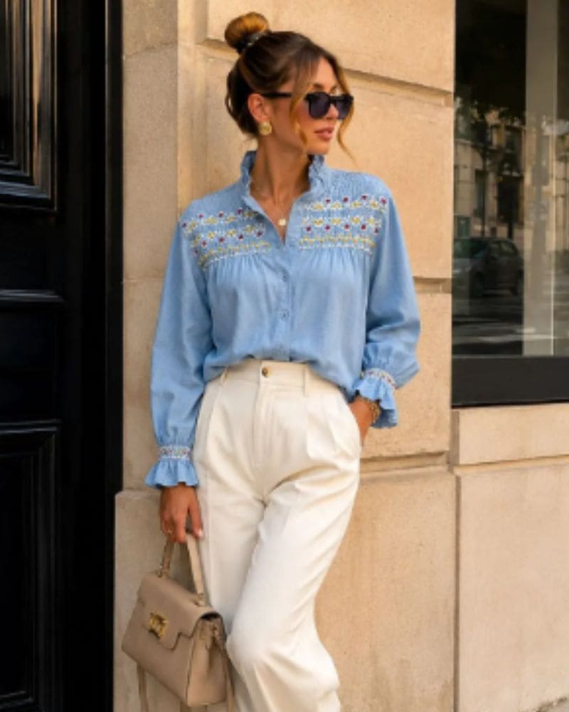 Ellie Embroidered Blouse with Ruffled Collar Blue