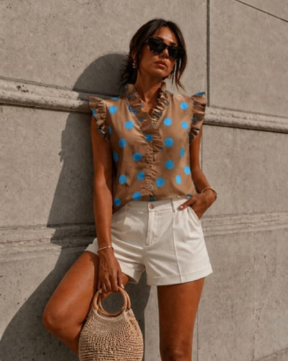 Elaine Polka Dot Ruffle Sleeveless Blouse Brown