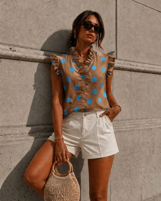 Elaine Polka Dot Ruffle Sleeveless Blouse Brown