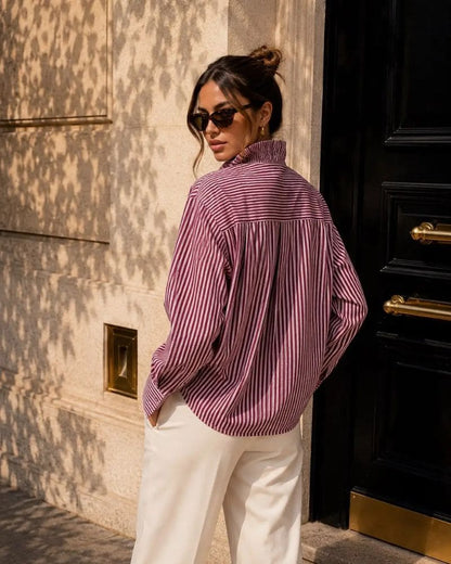 Eden Striped Ruffled High Collar Shirt - Plum
