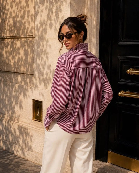 Eden Striped Ruffled High Collar Shirt - Plum