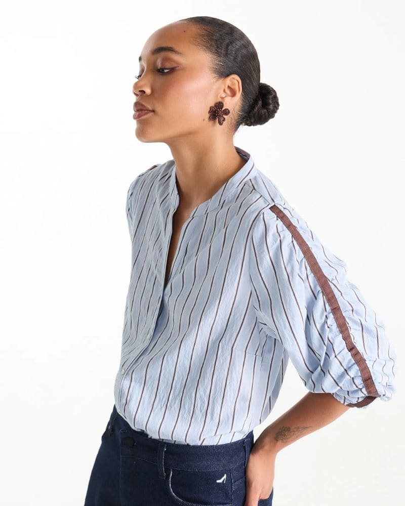Leah V-Neck Blouse in blue stripe by Jansen Amsterdam