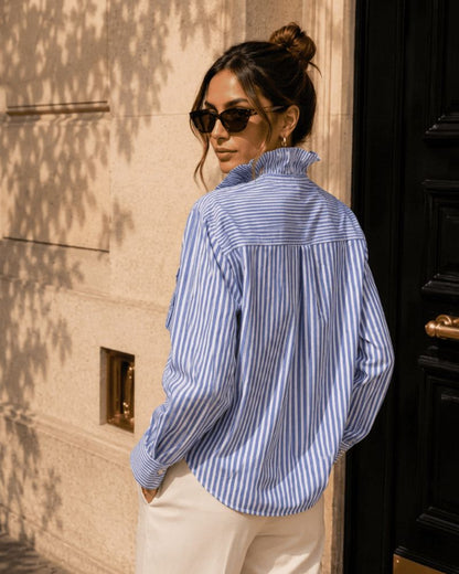 Eden Striped Ruffled High Collar Shirt - Blue