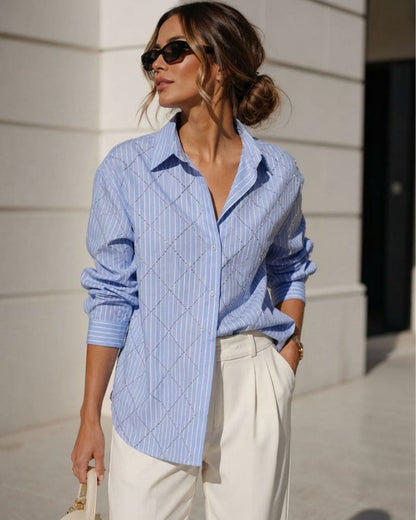 Daphne Striped Shirt with Rhinestones in blue and white stripe