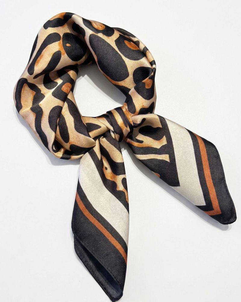 Shauna patterned scarf in black, beige, tan and rust tones