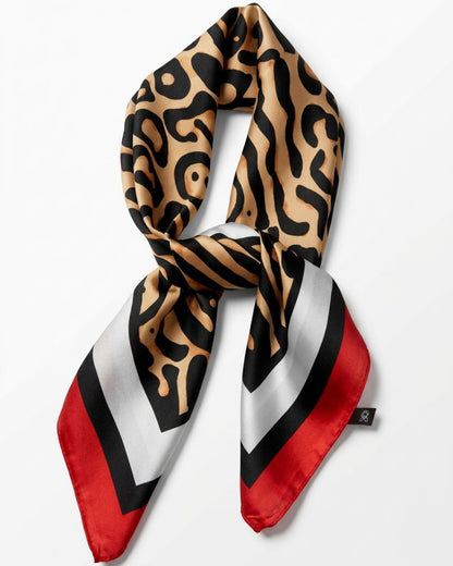 Shauna red leopard print scarf with black, camel, ivory and red details