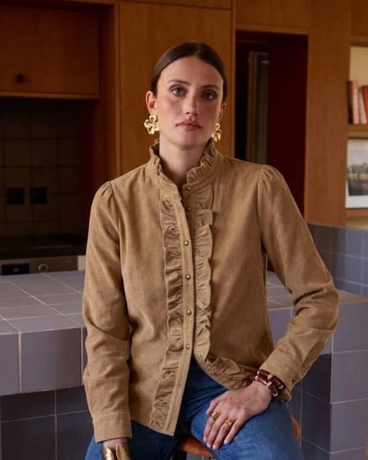 Model wearing the April Cord Taupe Blouse