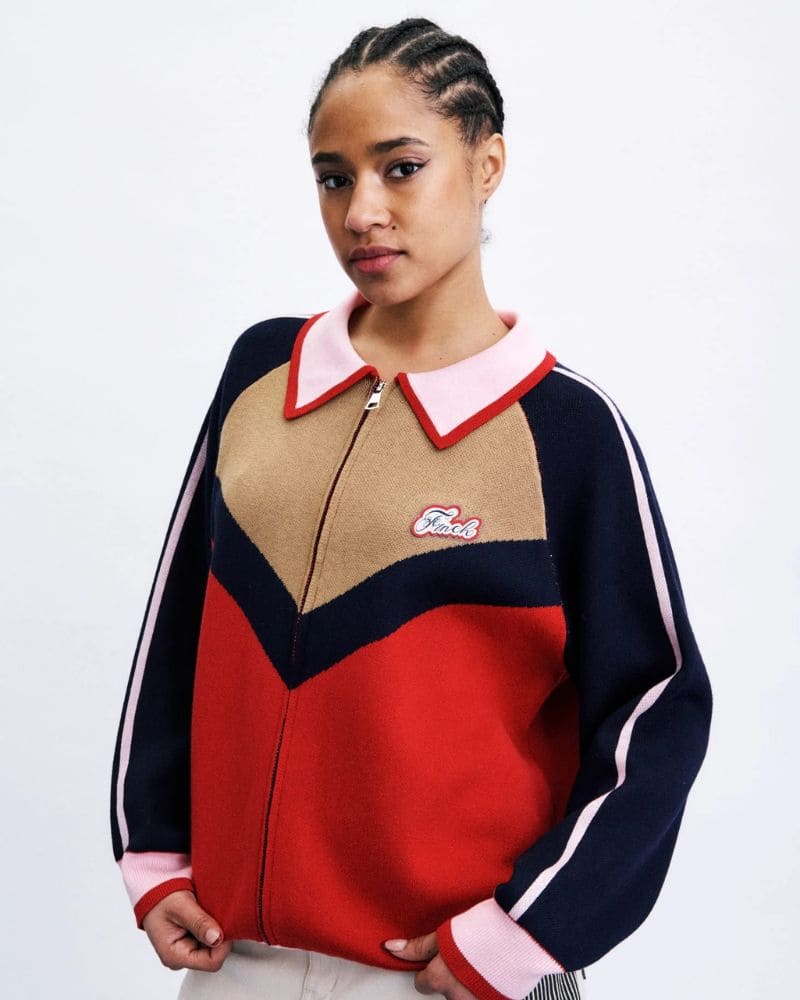 Model wearing the HANSHIN Red Cardigan