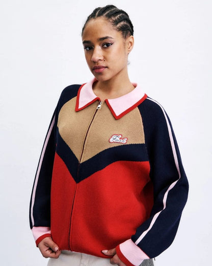 Model wearing the HANSHIN Red Cardigan