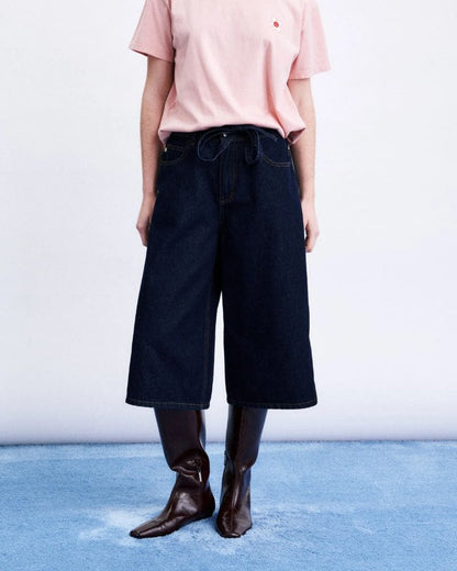 FRNCH SARAKINIKO navy blue wide leg Bermuda shorts with tie belt