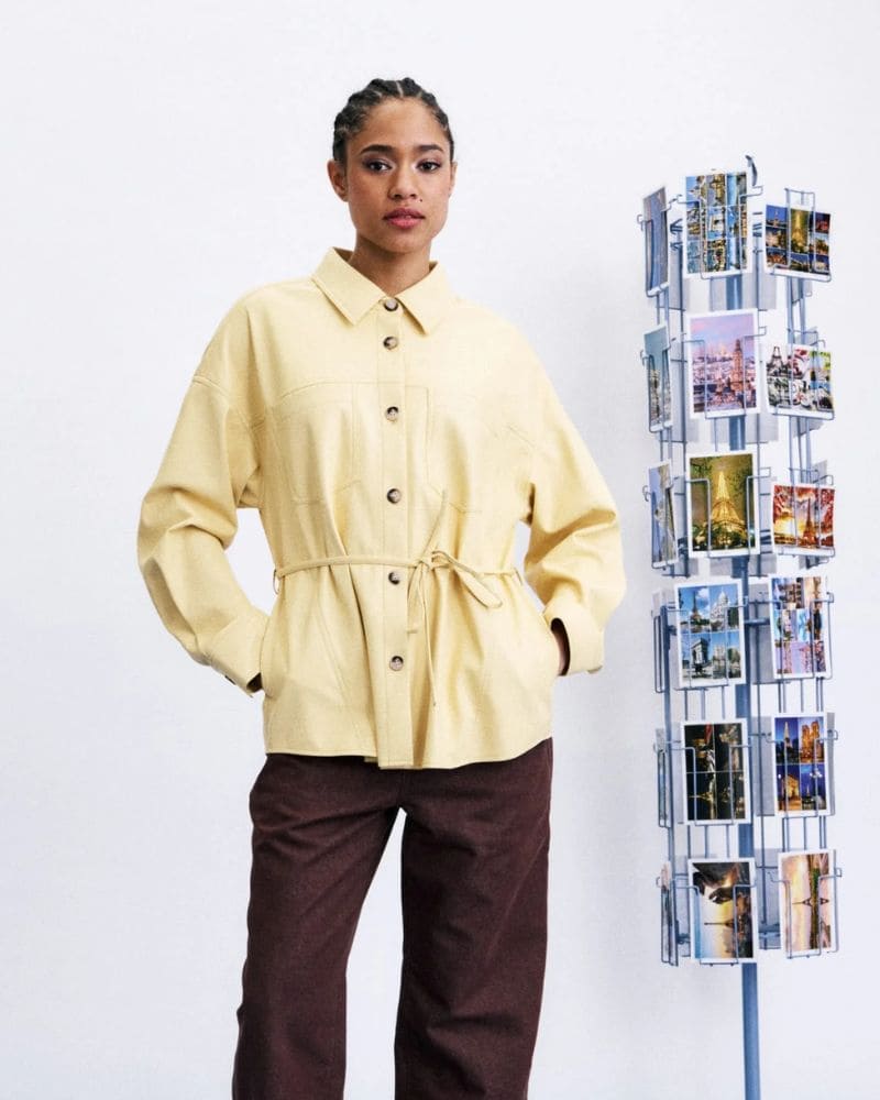 TAKAYAMA butter faux leather shirt with pointed collar and button front