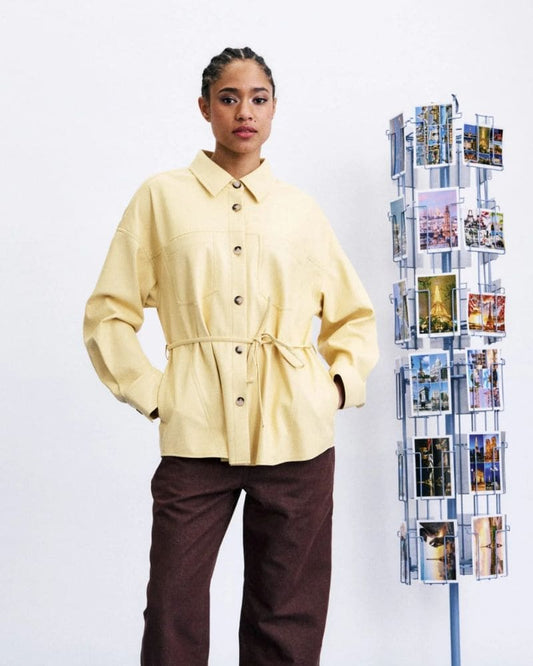 TAKAYAMA butter faux leather shirt with pointed collar and button front