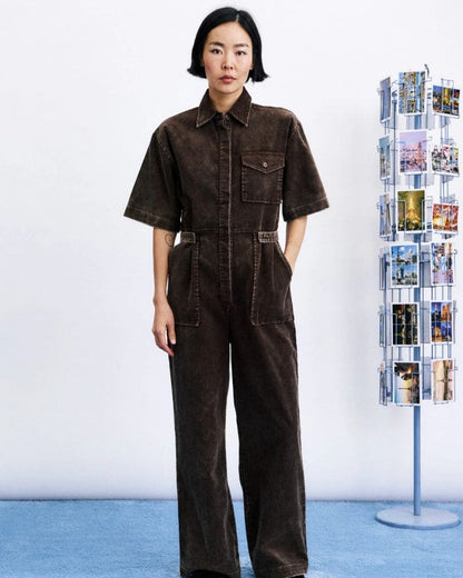 MARGATE mustard cotton jumpsuit with collar, short sleeves and defined waist