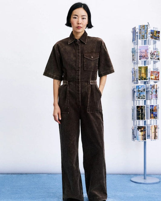 MARGATE mustard cotton jumpsuit with collar, short sleeves and defined waist
