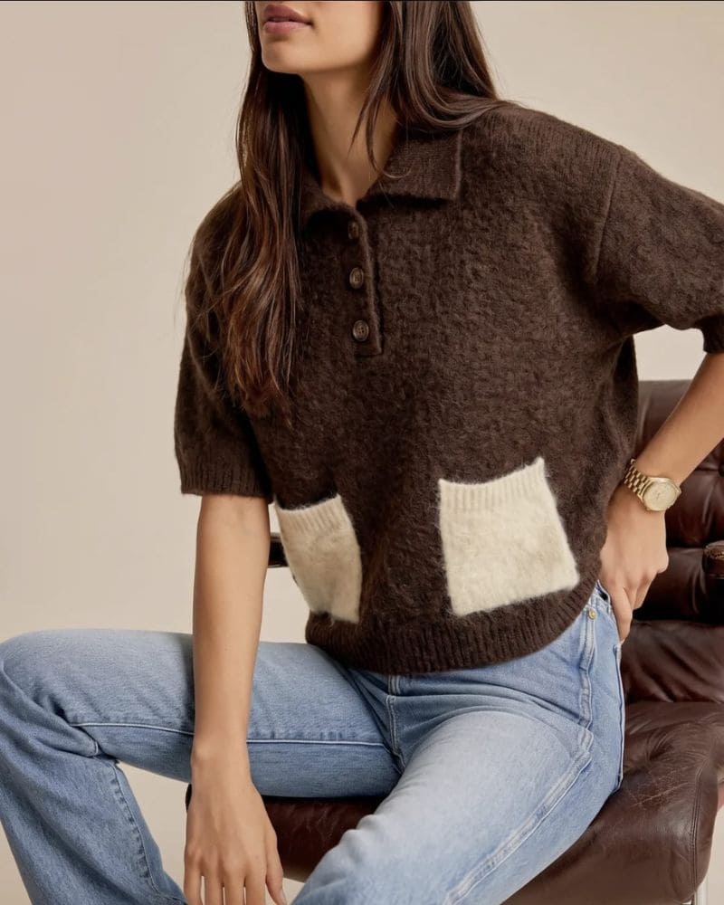 Sandy chocolate brown and cream textured knitted top