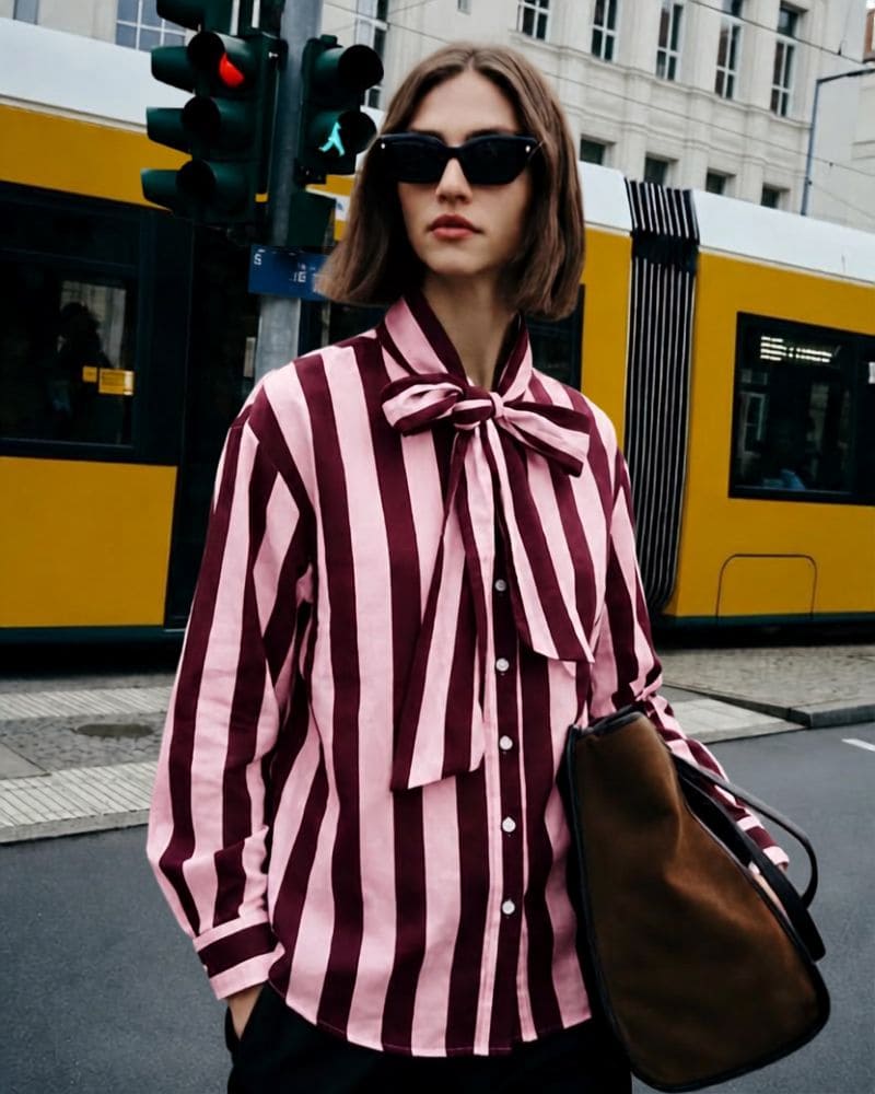 Aliyah burgundy and pink striped cotton tie-neck shirt