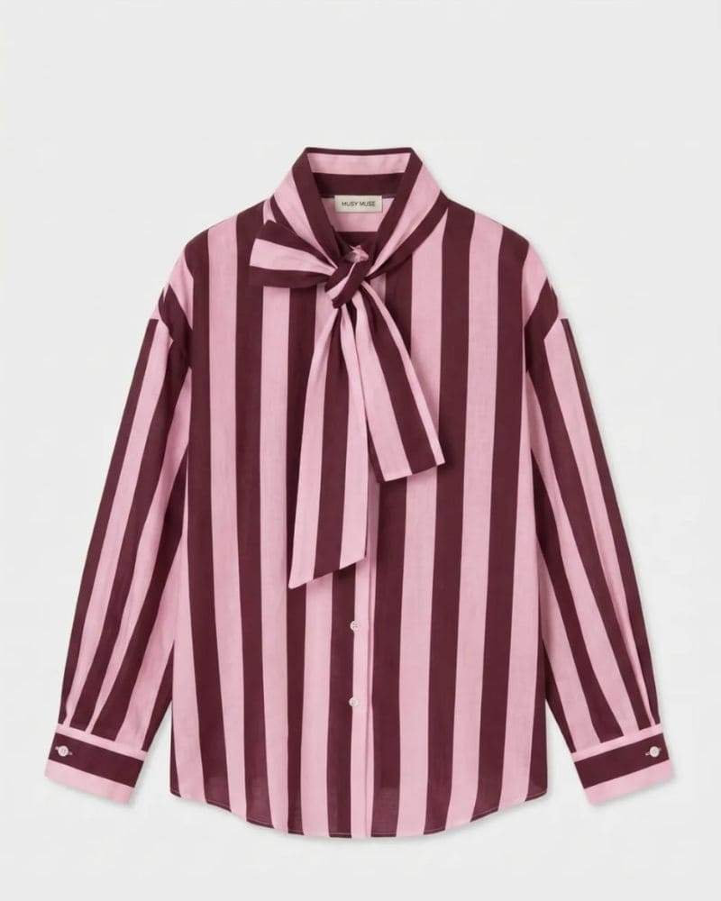 Aliyah Striped Tie-Neck Shirt - Burgundy and Pink