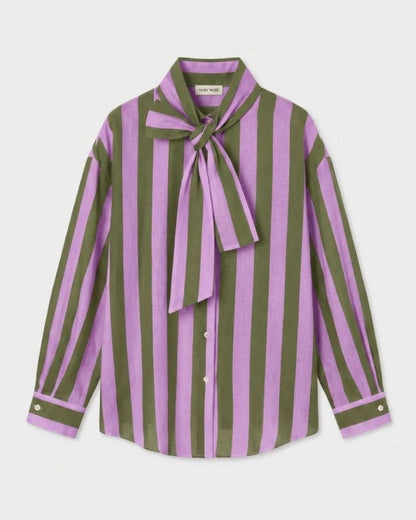 Aliyah Striped Tie-Neck Shirt - Olive and Lilac