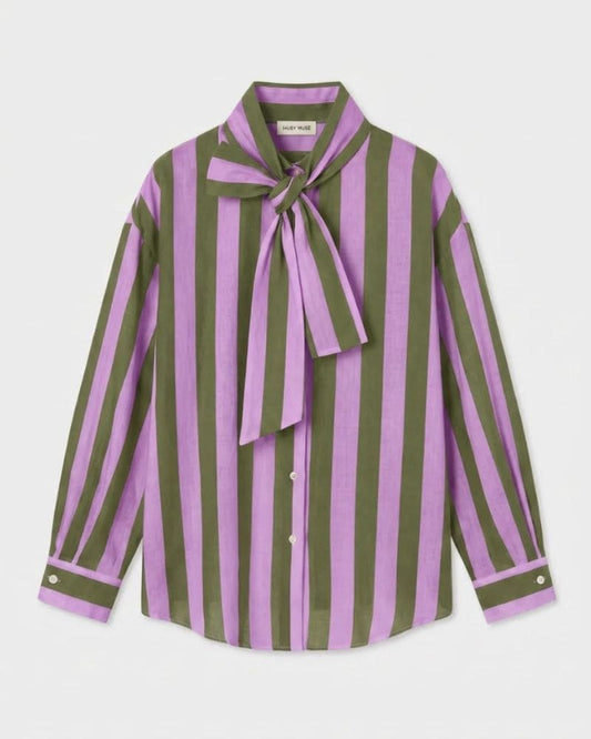 Aliyah Striped Tie-Neck Shirt - Olive and Lilac