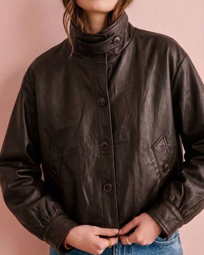 Stacey Brown Jacket with high stand collar and button front