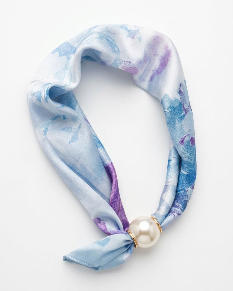 Ashley blue magnetic scarf with delicate printed design and pearl-style clasp
