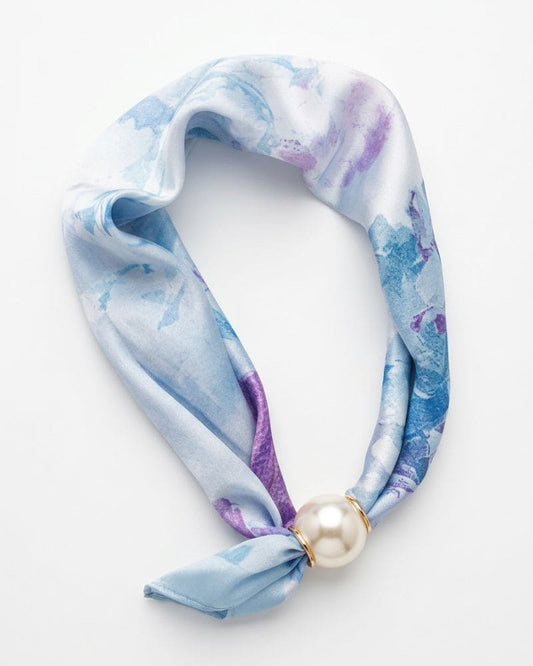Ashley blue magnetic scarf with delicate printed design and pearl-style clasp