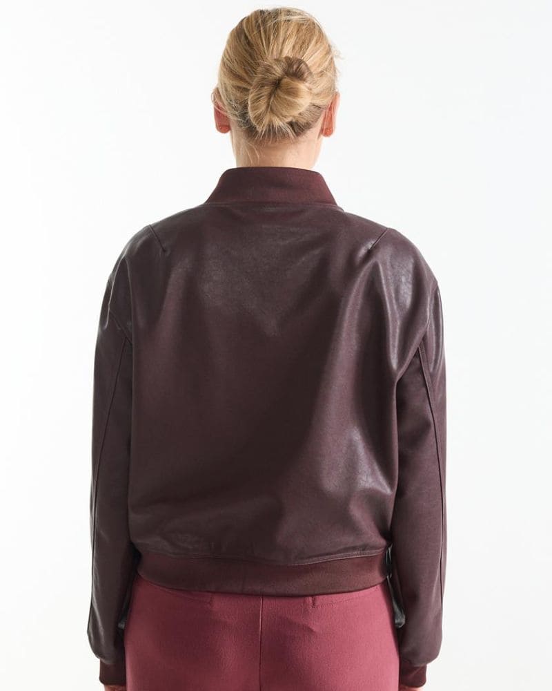 Back view of the Bian wine red leather look bomber jacket