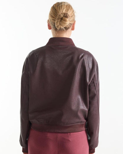 Back view of the Bian wine red leather look bomber jacket