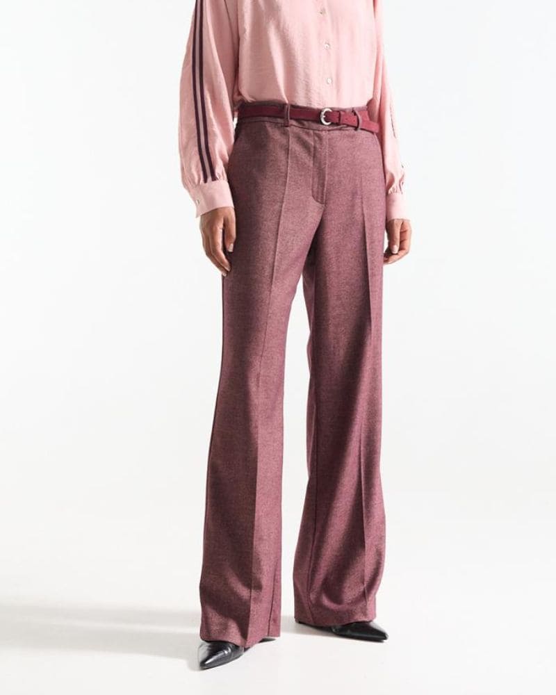 Model wearing the Bonna wine red full length wide leg trousers