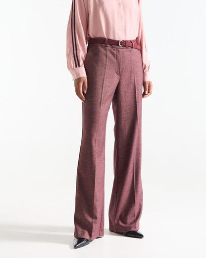 Model wearing the Bonna wine red full length wide leg trousers