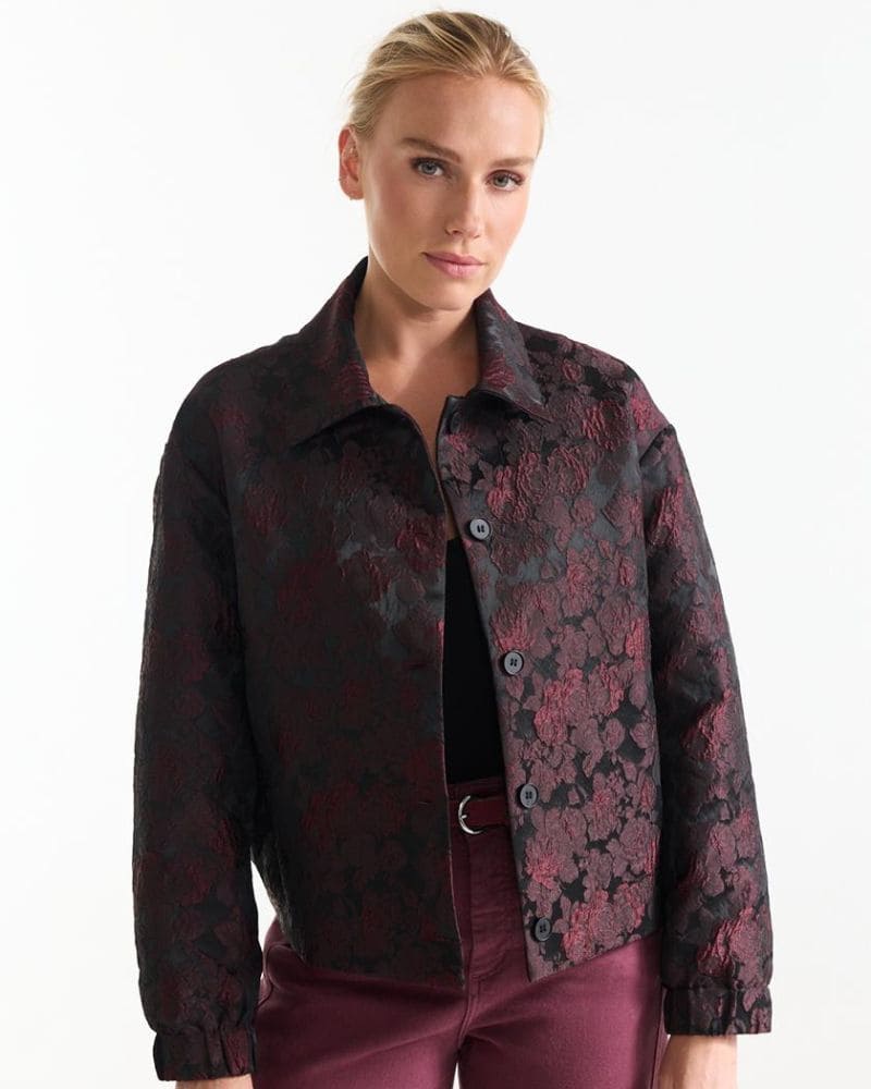 Model wearing the Hella wine red jacquard floral jacket from the front