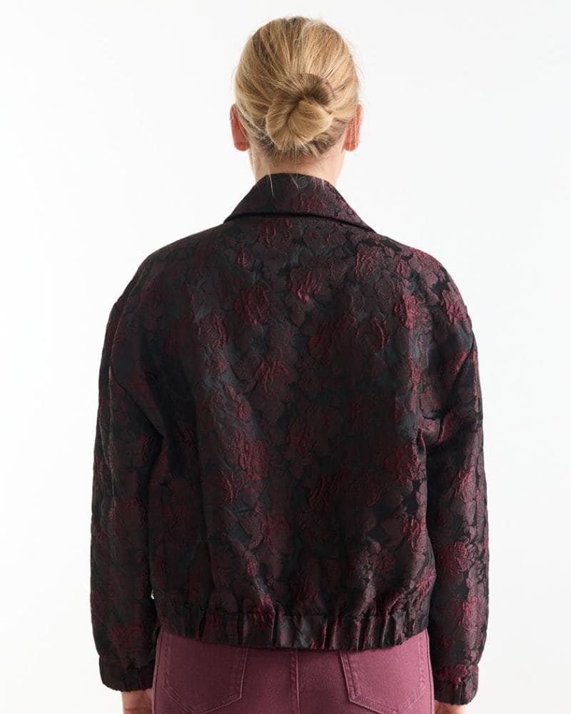 Back view of the Hella wine red jacquard floral jacket