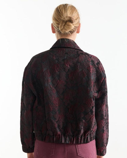 Back view of the Hella wine red jacquard floral jacket