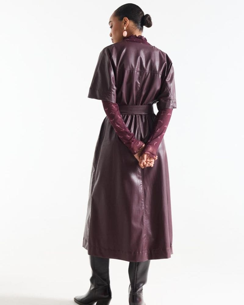Linn Wine-Red Leather-Look Wrap Dress