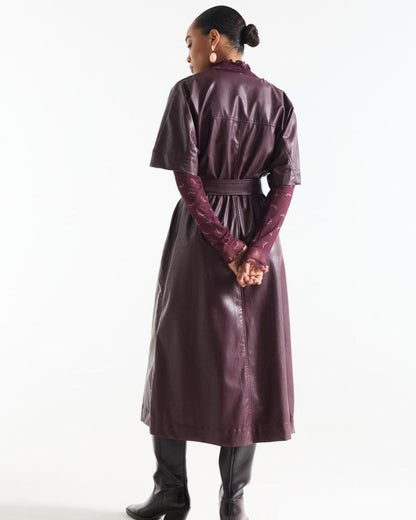 Linn Wine-Red Leather-Look Wrap Dress